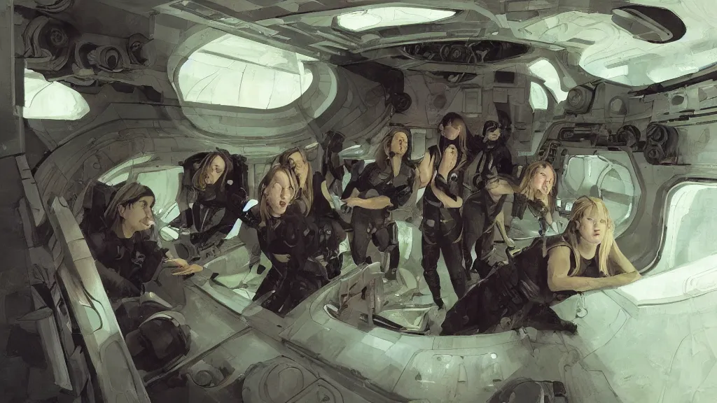 Image similar to all - female crew in a minimalistic, dark ( spaceship ), by jon foster.