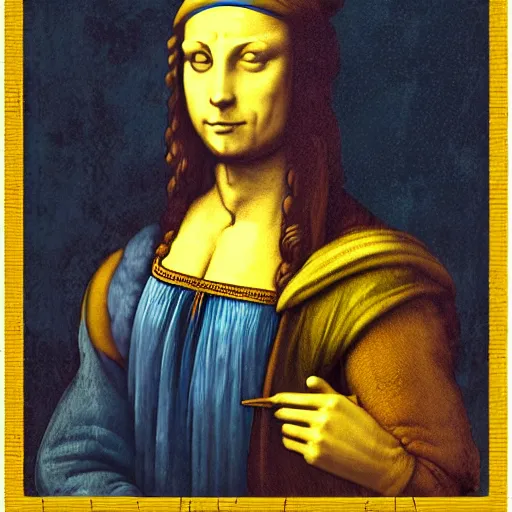 Prompt: blue and yellow illustration portraying leonard da vinci