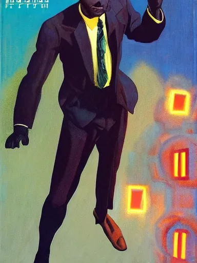 Image similar to pulp magazine illustration of a black man in a suit smoking, cinematic view, dynamic lighting, volumetric lighting, mysterious highly detailed, smooth, digital painting, symmetrical, art by vincent di fate, kehinde wiley, artem demura, frazetta