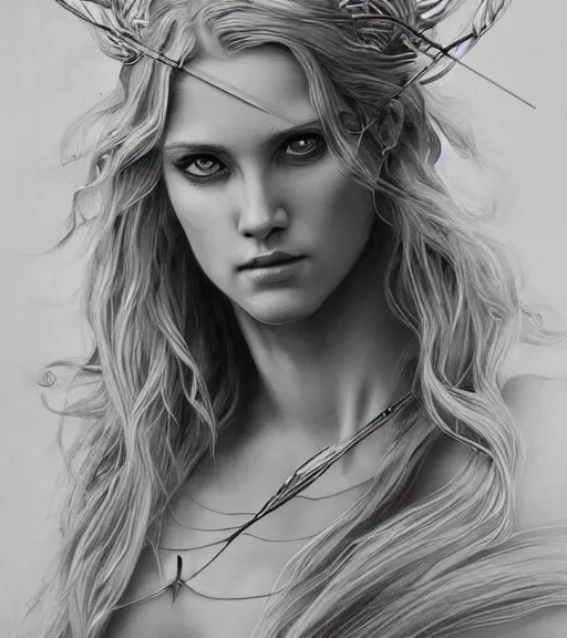 Image similar to portrait of beautiful aphrodite goddess as an archer warrior, beautiful piercing eyes, flowing blonde hair, realistic face, black and white drawing, in the style of greg rutkowski, fantasy, amazing detail, epic, intricate, elegant, smooth, sharp focus