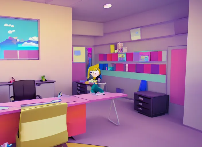 Prompt: steven universe inspired stanley parable office, colorful render in blender 3 d, normal workplace office, uhd, pastel 8 0 s, stylized