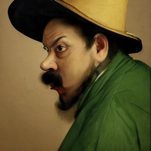 Prompt: hyper realistic, realistic - anime, portrait, beautifully rendered, italian garb from 1 9 th century, caricature, luis guzman as luigi wearing green, smirking deviously, luigi, luigi's nose, painted by jan van eyck, albrecht durer, gustave courbet, greg rutkowski, wlop, artgerm, dishonored 2,