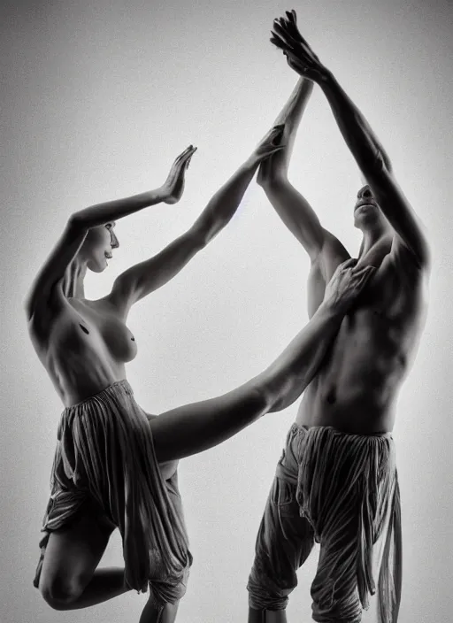 Image similar to expressive potrait photo of male and female butoh dancers dancing with cloth, glamour shot, by jenny saville, by stefan gesell, photorealistic, canon r 3, fashion photography, hyper maximalist, elegant, ornate, luxury, elite, environmental portrait, symmetrical features, octane render, unreal engine, solid dark grey background, dramatic lights