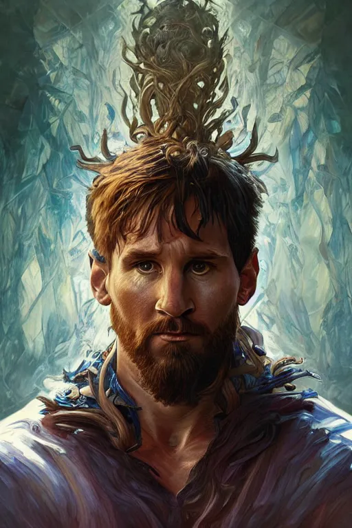 Image similar to portrait of lionel messi as a hulking herculean demon, forest, godlike, full body, fantasy, intricate, elegant, highly detailed, digital painting, artstation, concept art, sharp focus, illustration, art by artgerm and greg rutkowski and alphonse mucha