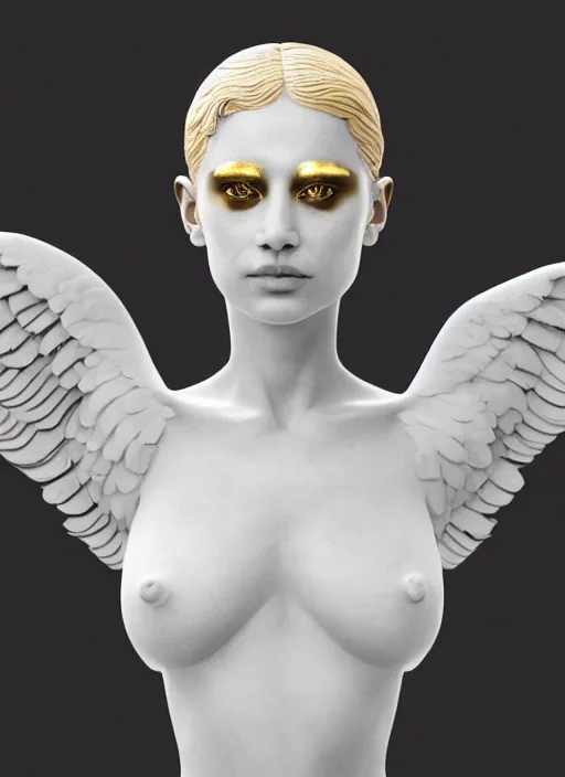 Image similar to a statue made of white marble with gold veins, of an beautiful gorgeous angel girl, full body shot, perfect symmetrical body, perfect symmetrical face, no eyes, hyper realistic, hyper detailed, fujicolor superia 1 6 0 0 photo, by johannen voss, by peter kemp, by monia merlo, by michelangelo octane render, blender, 8 k