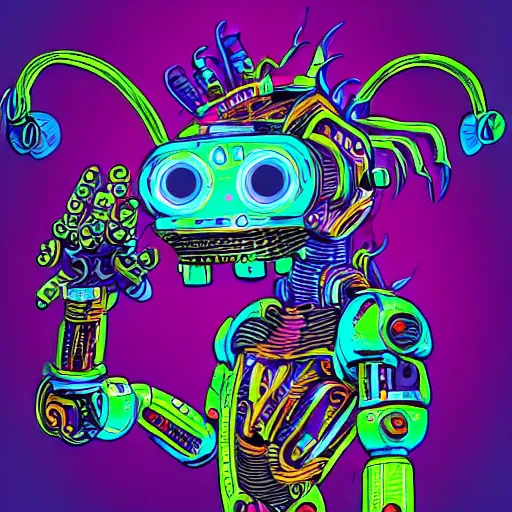 Prompt: a robot dragon listening to music with headphones, wild psychedelic digital art