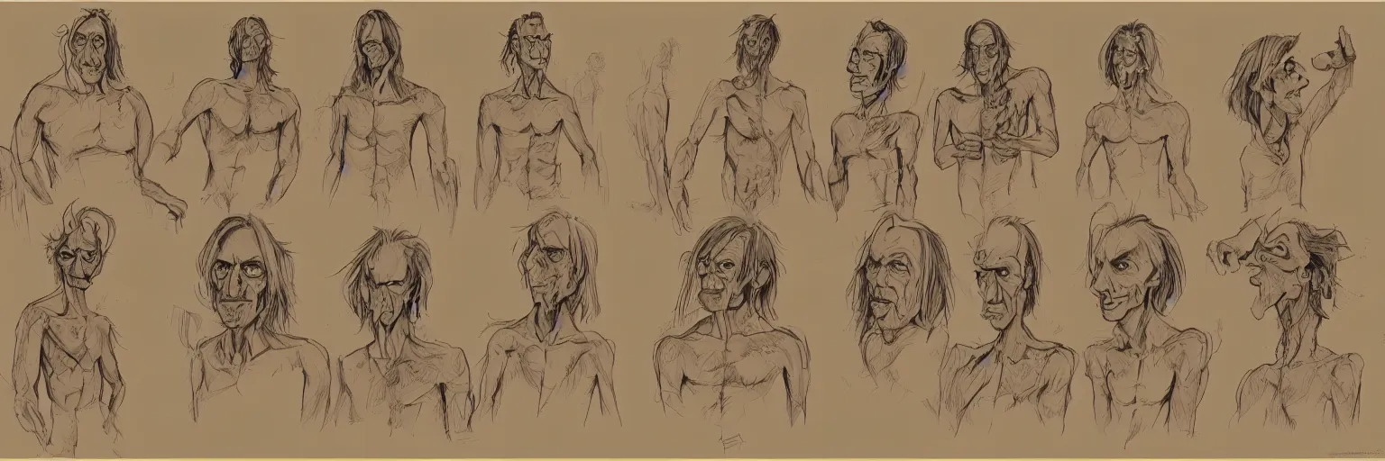 Image similar to character study of julian lage and iggy pop, clear faces, wild, crazy, character sheet, fine details, concept design, contrast, kim jung gi, pixar and da vinci, trending on artstation, 8 k, full body and head, turnaround, front view, back view, ultra wide angle