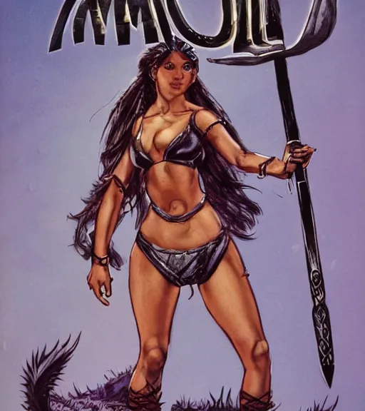 Prompt: 1 9 8 0 s fantasy novel book cover, amazonian ariana grande in extremely tight bikini armor wielding a cartoonishly large sword, exaggerated body features, dark and smoky background, low quality print