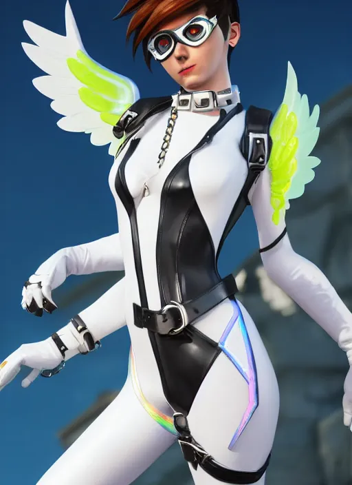 Image similar to portrait bust digital artwork of tracer overwatch, wearing white iridescent rainbow latex and leather straps catsuit outfit, 4 k, expressive happy smug expression, makeup, in style of mark arian, angel wings, wearing detailed black leather collar, chains, black leather harness, detailed face and eyes,