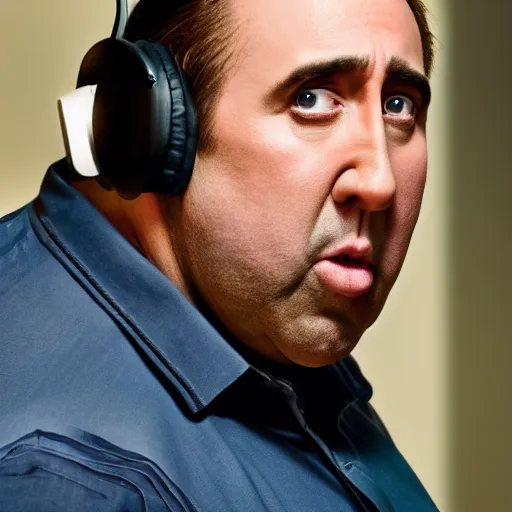 Image similar to obese nicolas cage wearing a headset yelling at his monitor while playing WoW highly detailed wide angle lens 10:9 aspect ration award winning photography