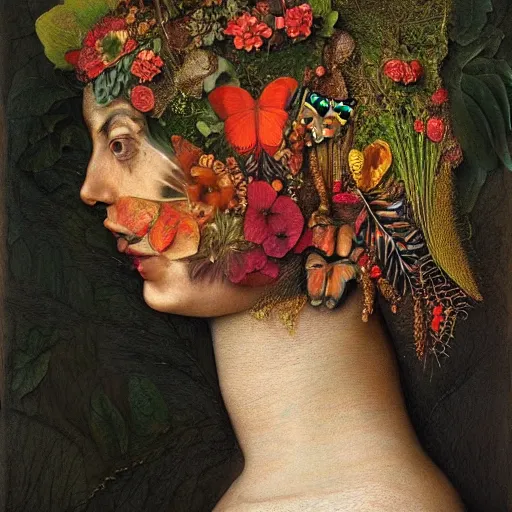 Prompt: a beautiful profile portrait of a beautiful female, leaves, by giuseppe arcimboldo,, psychedelic, surreal, dreamlike, environmental friendly, nature.