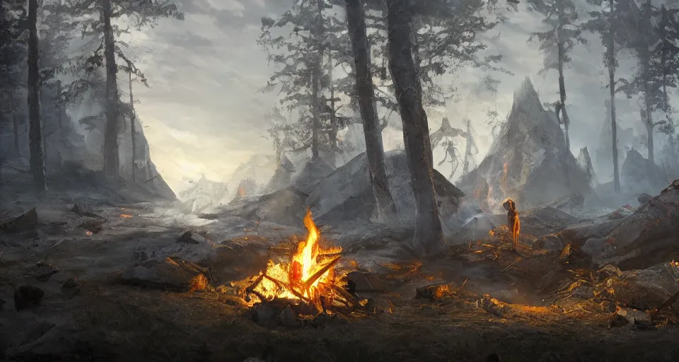 Image similar to an epic fantasy adventurer's tent left alone with a smoldering camp fire, 4 k, extremely detailed. award winning, trending on artstation, 8 k, ultra wide angle