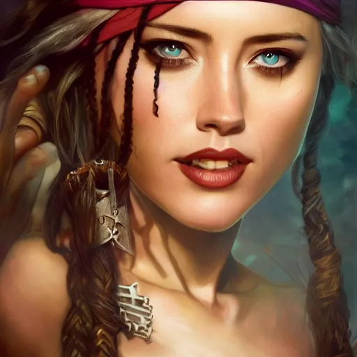 Image similar to photography of amber heard as captain jack sparrow, deep focus, d & d, fantasy, intricate, elegant, highly detailed, digital painting, artstation, concept art, matte, sharp focus, illustration, hearthstone, art by artgerm and greg rutkowski and alphonse mucha