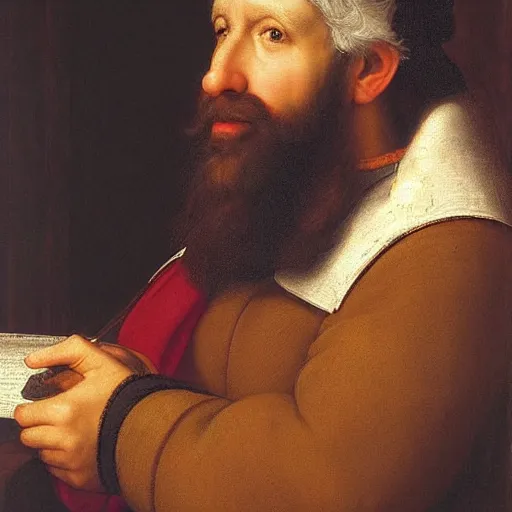 Image similar to a weary bearded traveler sits in the back of a lecture hall listening intently, detailed and realistic oil painting by Raphael