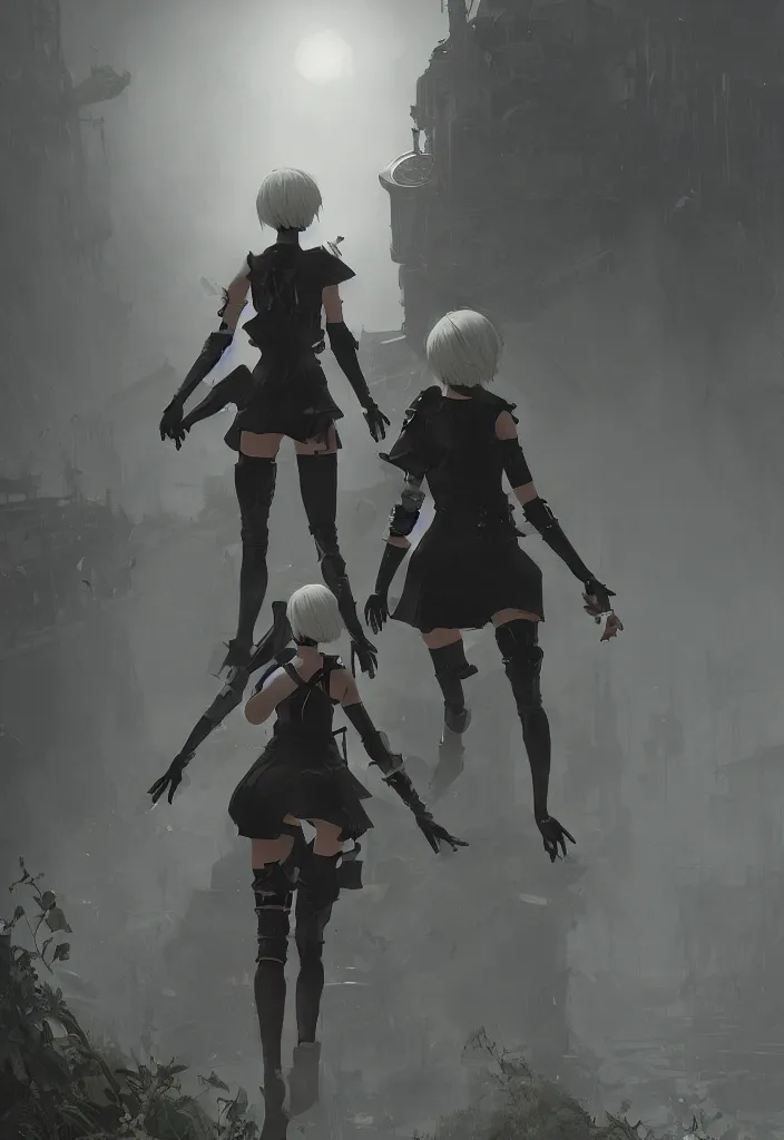 Image similar to an environmental concept art of nier automata, character standing with back to camera, highly detailed, environmental light, strong lighting, cinematic by francis tneh