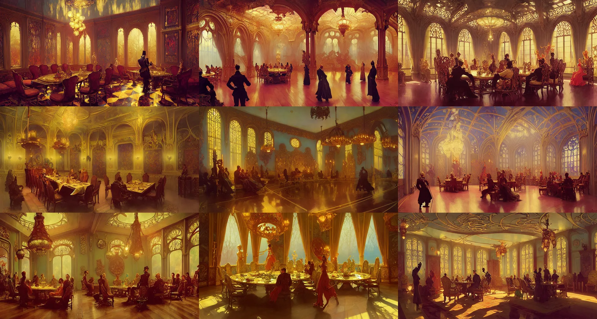 Prompt: royal dinner room, art nouveau architecture, fantasy, art by joseph leyendecker, ivan aivazovsky, ruan jia, reza afshar, marc simonetti, alphonse mucha