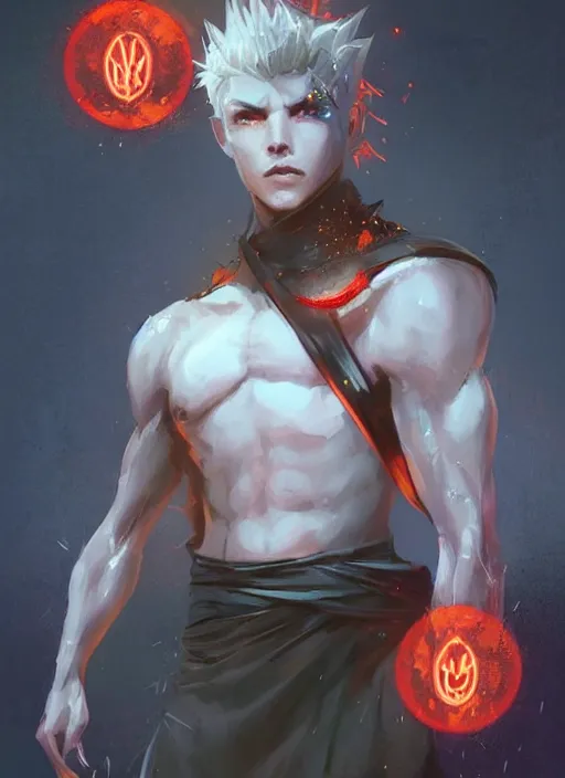 Image similar to character concept portrait of a handsome young warlock with pale white skin and buzzed short spiky hairstyle casting a dark magic spell with red and orange glowing runes, a floating iridescent spell book, intricate, elegant, digital painting, concept art, smooth, sharp focus, illustration, from Metal Gear, by Ruan Jia and Mandy Jurgens and Artgerm and William-Adolphe Bouguereau