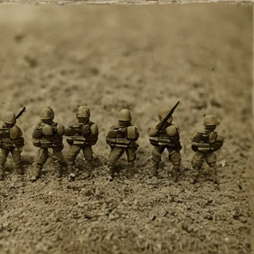 Image similar to photo of tiny soldiers during a war, 35mm