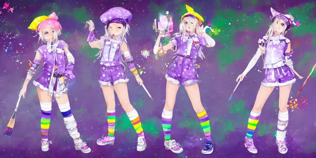 Prompt: A character sheet of a magical girl holding a paintbrush with short blond hair and freckles wearing an oversized purple Beret, Purple overall shorts, jester shoes, and white leggings covered in stars. Rainbow accents on outfit. Concept Art. By CLAMP. By WLOP. Realistic. JPOP Outfit. KPOP Outfit
