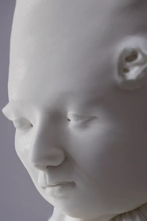 Prompt: close up of full head and shoulders, beautiful female porcelain sculpture by daniel arsham and raoul marks, smooth, all white features on a white background, delicate facial features, white eyes, white lashes, all twisted around, detailed white 3 d giant poppies on the head