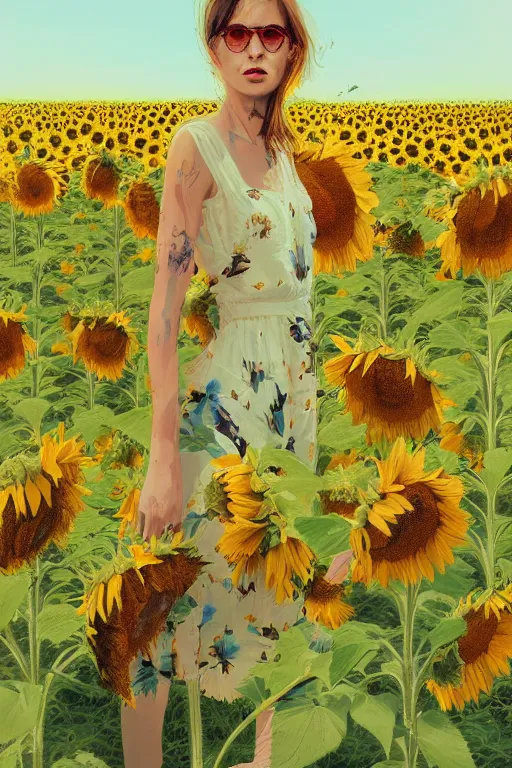 Prompt: a portrait of a stylish woman standing in a field of sunflowers by Ismail Inceoglu