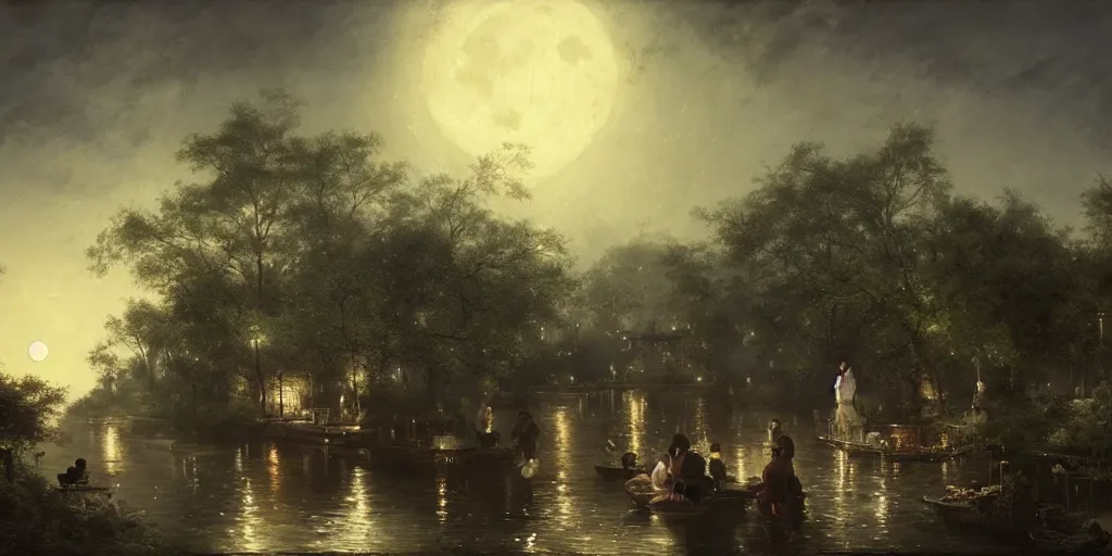 Image similar to an asian outdoor garden, family sitting at dining table center frames, full moon on the sky, the night is late, by andreas achenbach, artgerm, mikko lagerstedt, zack snyder, tokujin yoshioka