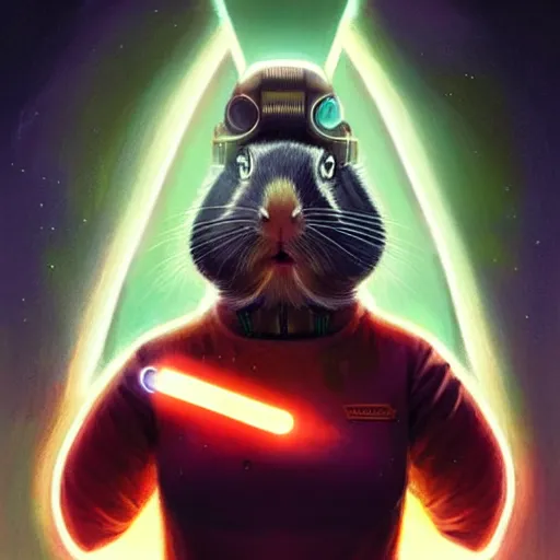 Image similar to cute anthropomorphic guinea pig full as an jedi in a spaceship, body portrait, divine lightning, by greg rutkowski, by charlie bowater