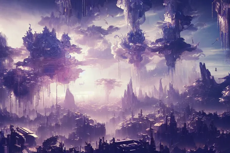 Image similar to simplicity, a huge flock of many ornate translucent puffy filigreed clouds tangled into large whirling ultra detailed crystal specimens, cyberpunk environment, playful, award winning art, epic dreamlike fantasy landscape, ultra realistic,