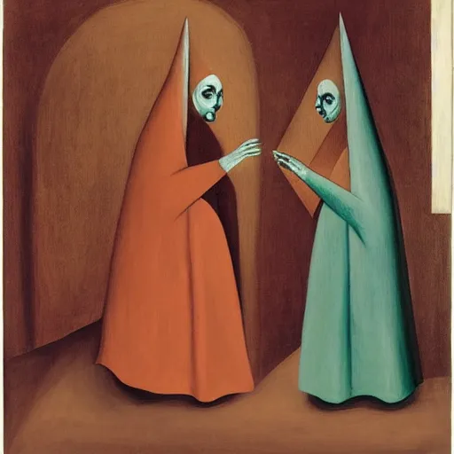 Image similar to the devil meets the nun, leonora carrington