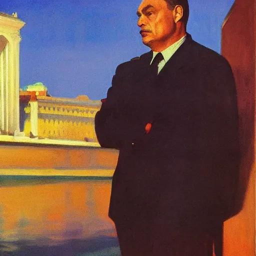 Image similar to leader of fascist hungary, viktor orban, overseeing the war torn city on the bank of danube river in budapest during the siege 2 0 2 2, by edward hopper