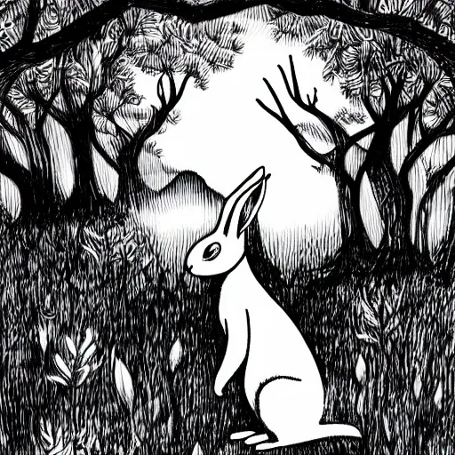 Prompt: a rabbit smoking deep in the forest, black and white illustration, creative design by junji ito