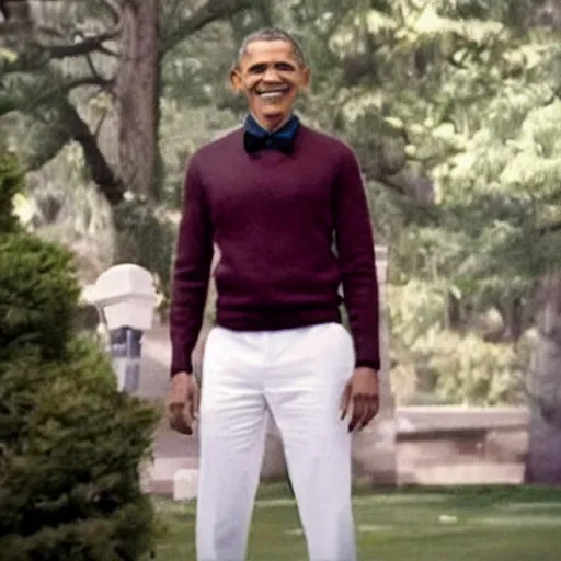 Image similar to realistic photo of casual obama with red hair wearing a black sweater and a green bow tie, still from riverdale