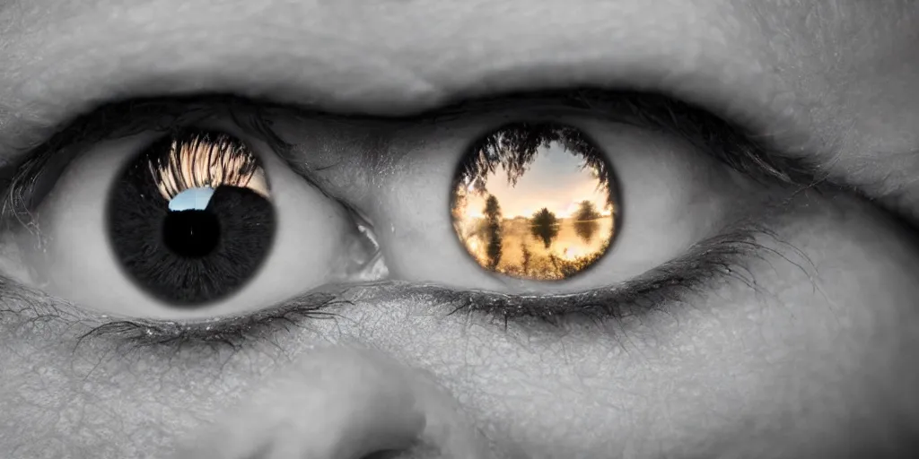 Prompt: a photo of an amazing beautiful world reflected in an eye