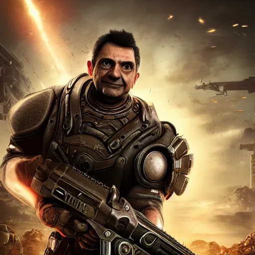 Image similar to Portrait of Mr. Bean in Gears of War, splash art, movie still, cinematic lighting, dramatic, octane render, long lens, shallow depth of field, bokeh, anamorphic lens flare, 8k, hyper detailed, 35mm film grain