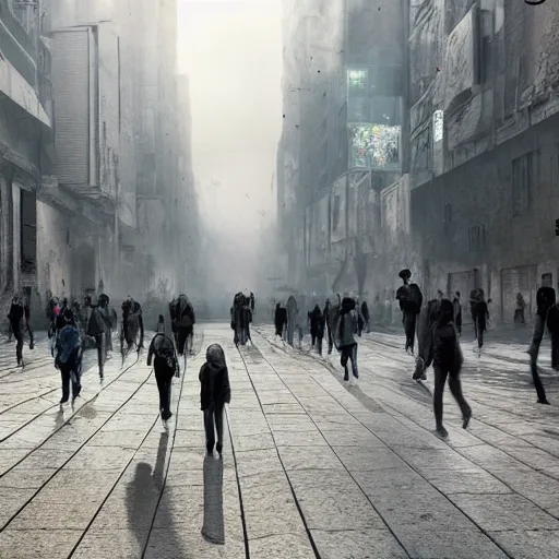 Image similar to hordes of drone-like people aimlessly walking around a depressing dystopian cityscape , trending on artststion, hyper realistic, surreal, melancholic, 8k, upscaled