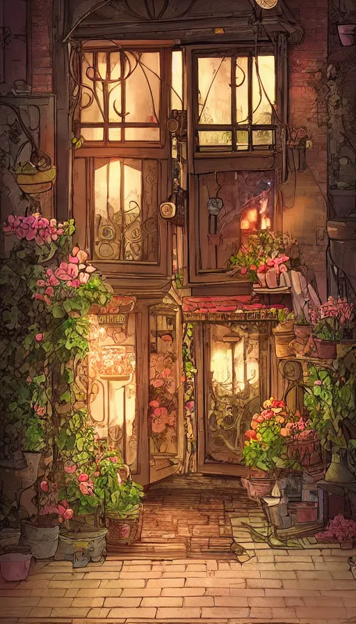 Image similar to a little warm flower shop's front gate, nostalgic, digital illustrati on, dramatic lighting, concept art, detailed textures