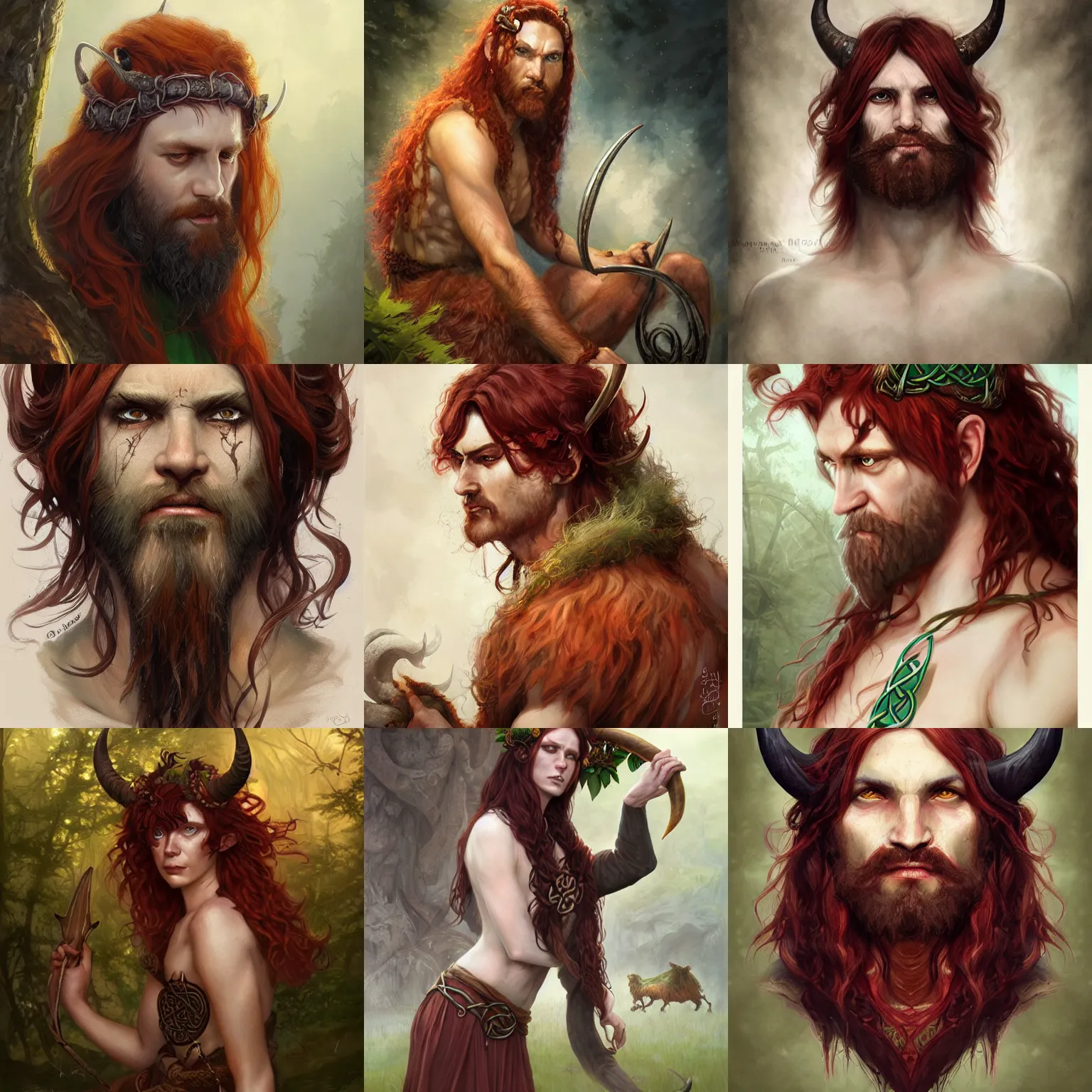 Prompt: celtic druid, satyr, reddish hair, horns, D&D, fantasy, portrait, highly detailed, digital painting, trending on artstation, concept art, sharp focus, illustration, art by artgerm and greg rutkowski and magali villeneuve