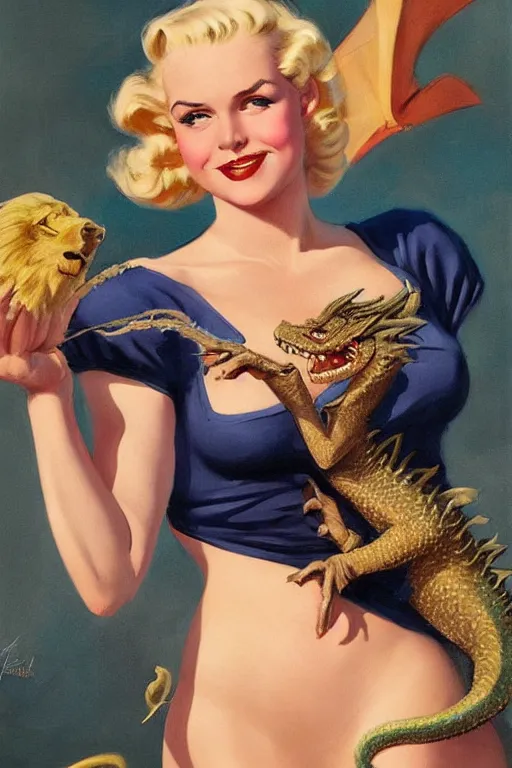 Image similar to portrait of 1 9 4 0 s blonde pinup girl holding a dragon, by greg rutkowski, rossdraws, gil elvgren, enoch bolles, porcelain skin, glistening, very coherent,