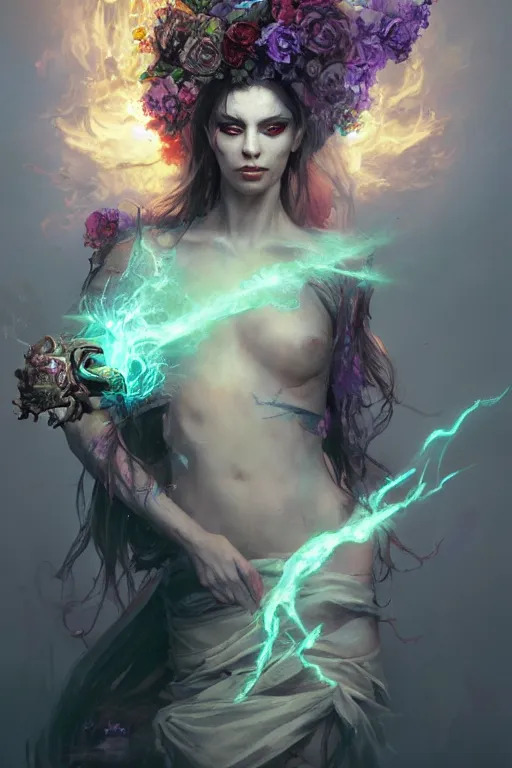 Prompt: extremely beautiful girl necromancer, witch - doctor exploding into flowers, demons, 3 d render, hyper - realistic detailed portrait, holding fire and electricity, ruan jia, wlop. scifi, fantasy, magic the gathering, hyper detailed, octane render, concept art, peter mohrbacher