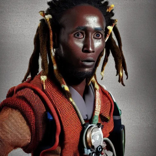 Image similar to beautiful feudal kenyan man, ghostbuster 1 5 6 7 dreaded hair, bob marley, intricate complexity 8 k character concept, ghostbusters, ghostbusters proton pack, ghostbusters trap, in feudal japan, atmospheric background, steampunk aesthetic, fresh food market, people, fine line detail, cinematic quality, high octane, cry engine, 4 k render, masterpiece, octane