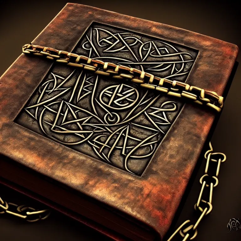 Image similar to epic professional digital art of an ancient leather-bound spellbook with heavy metal chains and clasps inscribed with runes, best on artstation, cgsociety, wlop, cosmic, epic, stunning, gorgeous, masterpiece