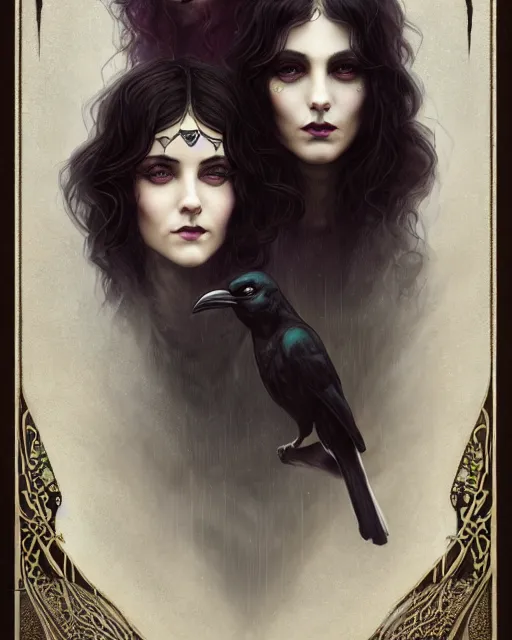 Prompt: a portrait of the Raven Queen, dark magic, illustration, dramatic lighting, soft details, painting oil on canvas, art nouveau, octane render, HDR, 4k, 8k, HD, by Edmund Blair Leighton, Brom, Charlie Bowater, trending on artstation, ,Tom Bagshaw faces by otto Schmidt