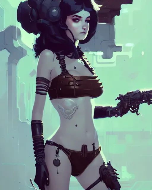 Prompt: portrait of cute goth girl in cyber bikini armor, warhammer, by atey ghailan, by greg rutkowski, by greg tocchini, by james gilleard, by joe fenton, by kaethe butcher, dynamic in lighting, gradient light blue, brown, blonde cream and white color scheme, grunge aesthetic