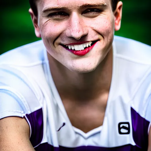 Image similar to photographic portrait by Annie Leibovitz of a young white male smiling with short brown hair that sticks up in the front, dark eyes, groomed eyebrows, tapered hairline, sharp jawline, wearing a purple white volleyball jersey, sigma 85mm f/1.4, 15mm, 35mm, 4k, high resolution, 4k, 8k, hd, full color