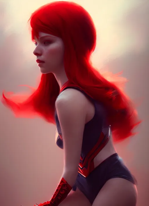 Image similar to a beautiful red - haired girl dressed as a superhero, intricate, elegant, highly detailed, digital painting, artstation, concept art, smooth, sharp focus, illustration, ethereal, misty, by ilya kuvshinov and jeremy mann, 8 k, octane render