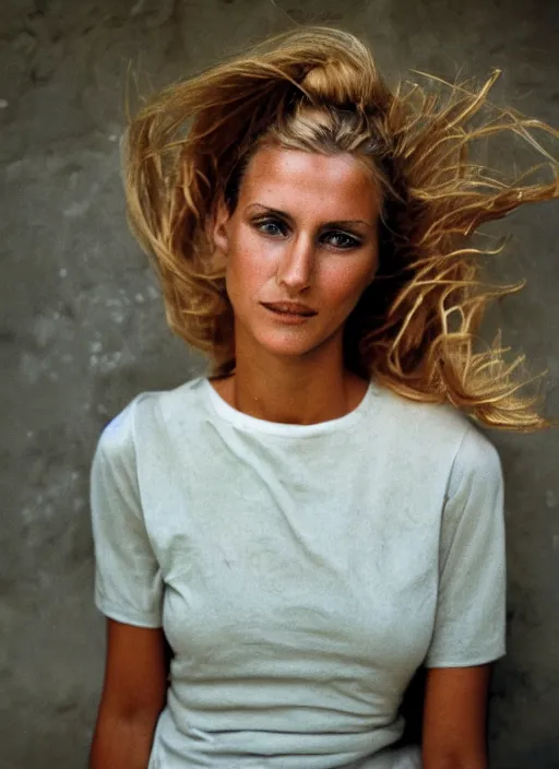 Image similar to photograph of an olive skinned blonde female model in her late twenties, her hair pinned up, wearing a designer top, looking content, photographed by steve mccurry