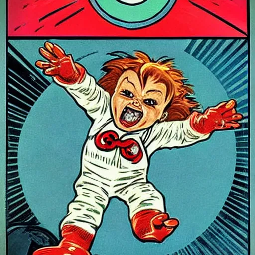 Image similar to a cute little chucky doll screaming. he is dressed as an astronaut. well composed, clean elegant painting, beautiful detailed face. comic book art by steve ditko and jack kirby and ( alphonse mucha )