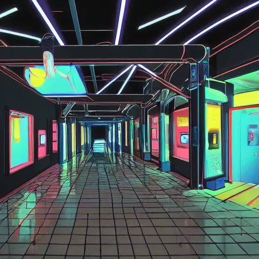 Image similar to low light museum, sparse room, black walls, dark lighting, blue oled lights in corners, soft neon lights, dark showroom, cel - shading, 2 0 0 1 anime, flcl, jet set radio future, the world ends with you, kid a, cel - shaded, strong shadows, vivid hues, y 2 k aesthetic, art by artgerm