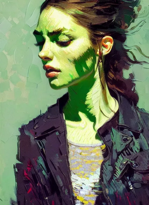 Image similar to portrait of a beautiful girl, eyes closed, open mouth, shades of green, beautiful face, rule of thirds, intricate outfit, spotlight, by greg rutkowski, by jeremy mann, by francoise nielly, by van gogh, digital painting