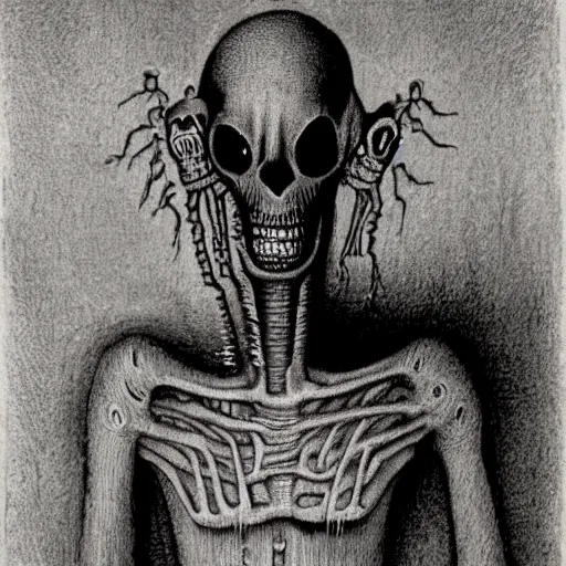 Prompt: humanoid with crooked teeth, black eyes, long gaping mouth, alien looking, big forehead, horrifying, killer, creepy, dead, slightly realistic, monster, tall, skinny, skullish, deathly, in the style of alfred kubin